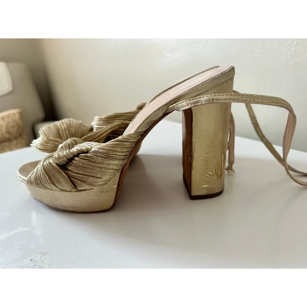 Loeffler Randall Natalia Platform Gold Pleated Bow Heels Size 9 Metallic Wedding